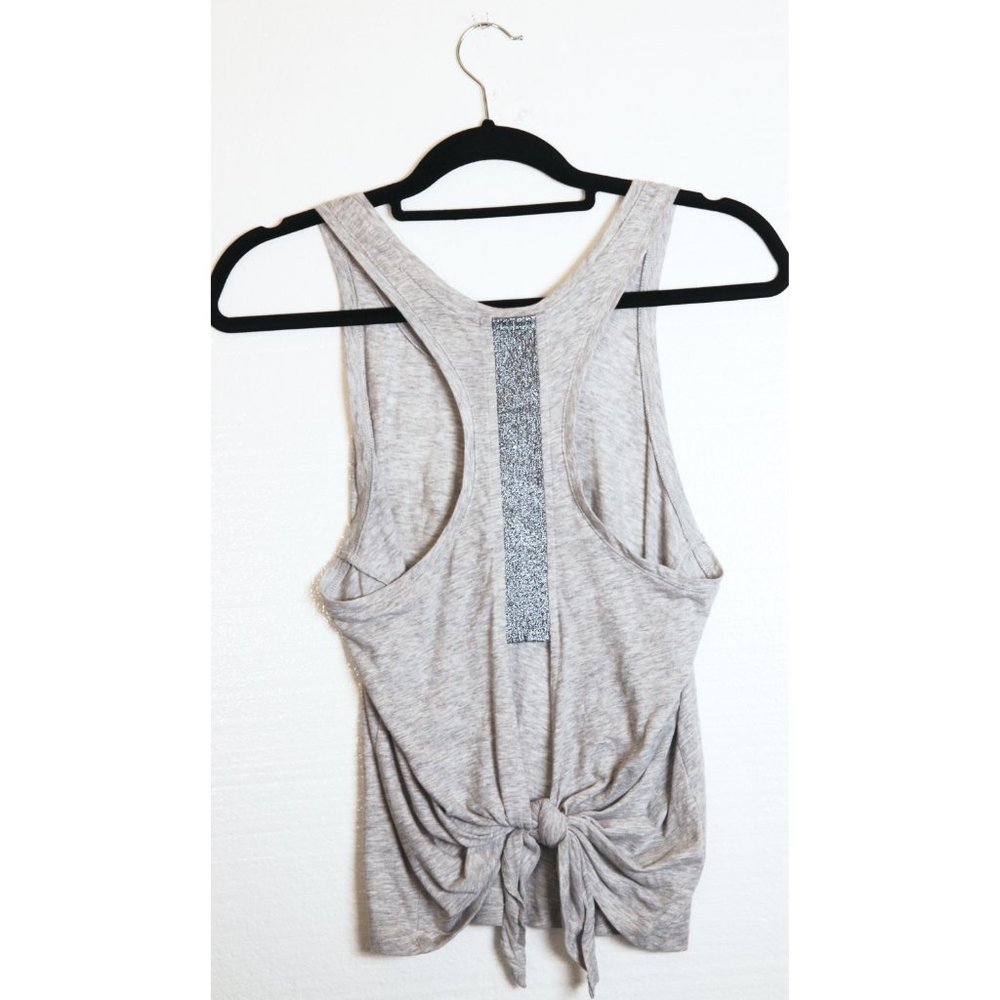 Victoria Sport Silver Sparkly Logo Tank Heather Gray Slimming Band down back xs